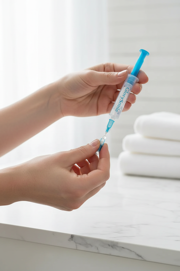 Hands holding gel syringe and applicator
