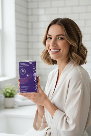 Woman holding product in bathroom